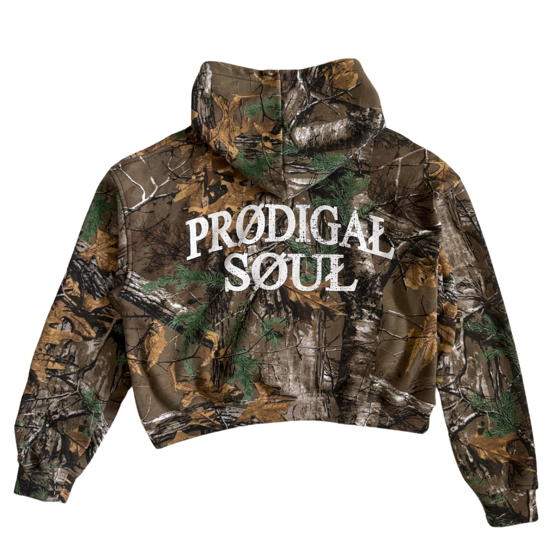 "University Logo" Camo Cropped Zip-up Sweatshirt